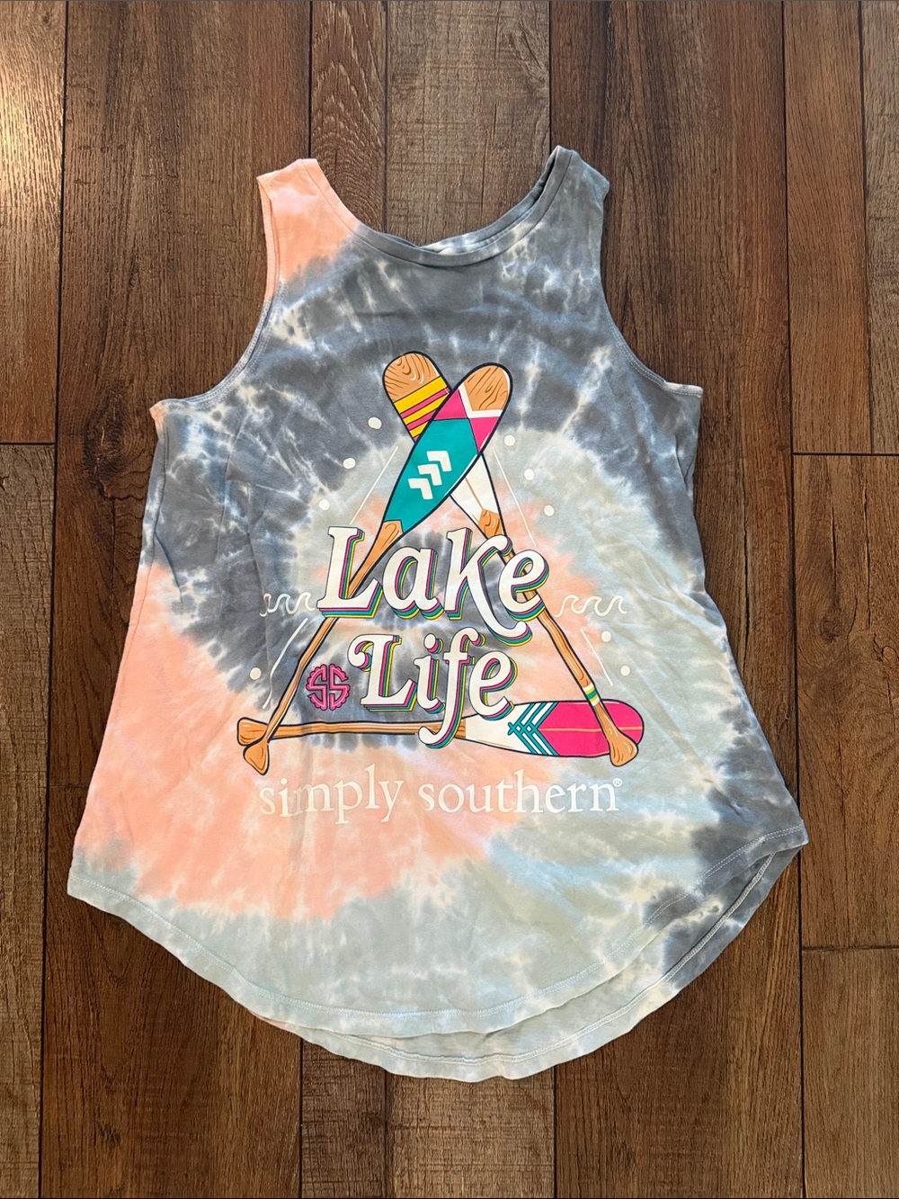 Simply Southern Tie-Dye 'Lake Life' Tank Top - Gray & Peach